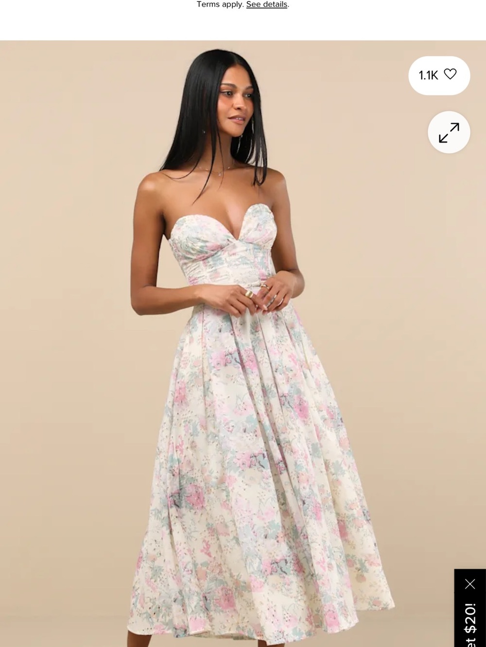 Lulu's Strapless Sweetheart Midi Dress in Cream with Pastel Pink & Blue Floral